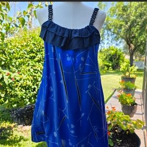 Yumi Kim 100% Silk Blue Abstract Mini Dress Ruffle Neck Braided Straps M